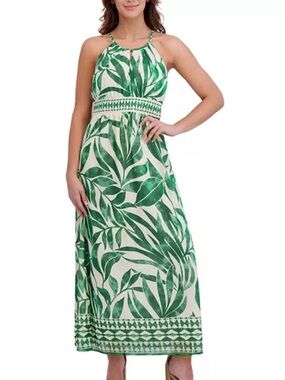 NWT London Times Green Leaf-Print Halter Maxi Dress Sz 24W